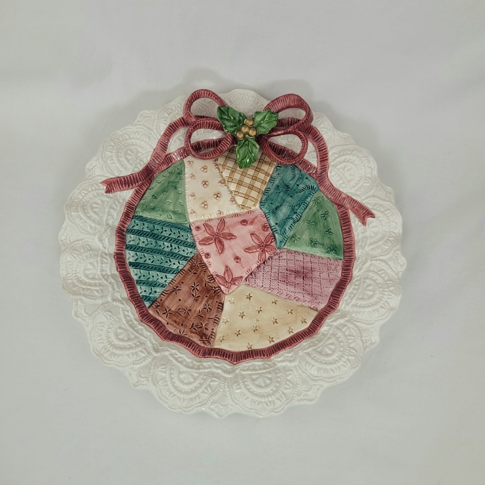 Fitz and Floyd 1992 Christmas Patchwork Lace Ribbon Ceramic Decorative Plate 12"